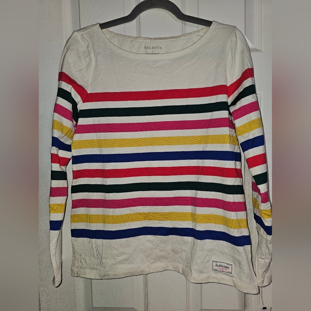 Talbots Cotton Bateau Neck Tee with Varenna Stripes SZ S NWT
